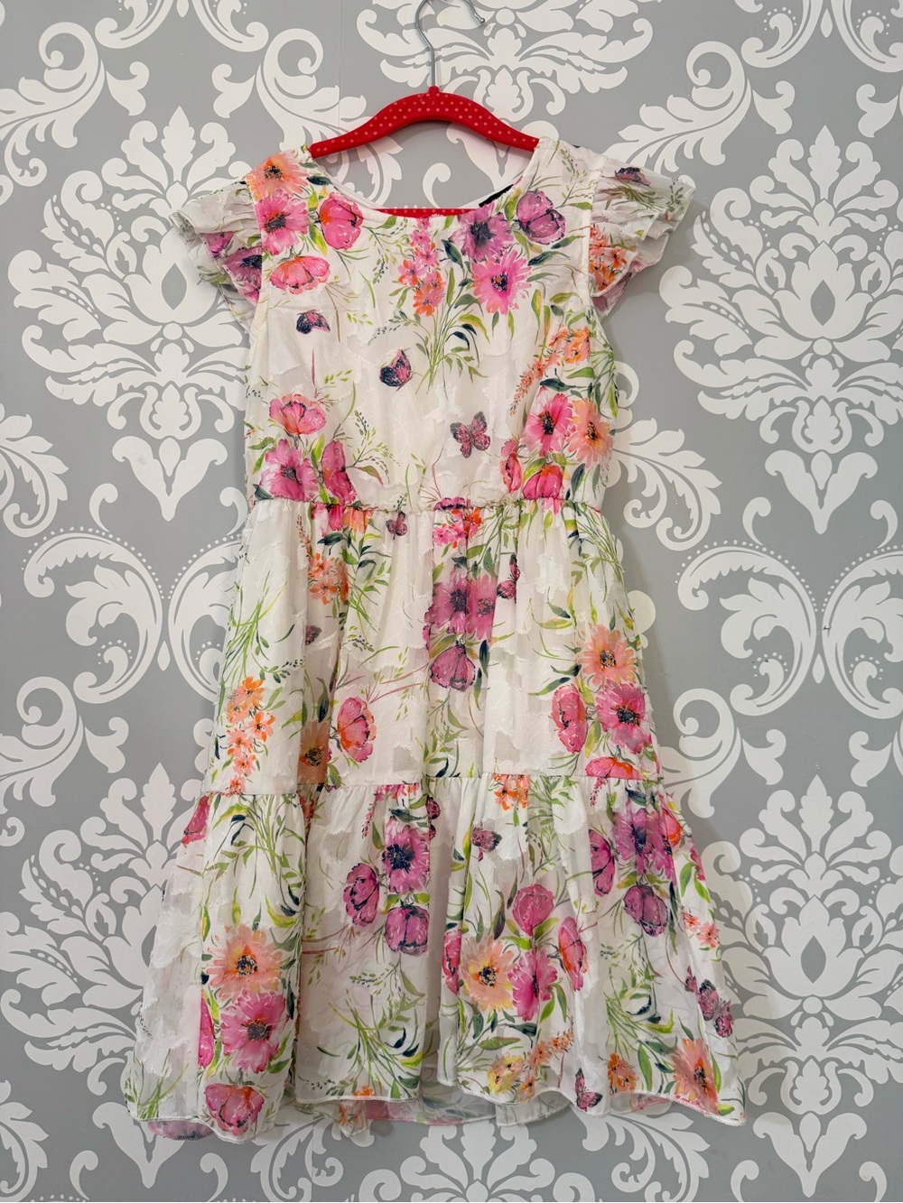 💫2/$25 • Zunie Floral Tiered Dress in White with Pink & Orange Flowers